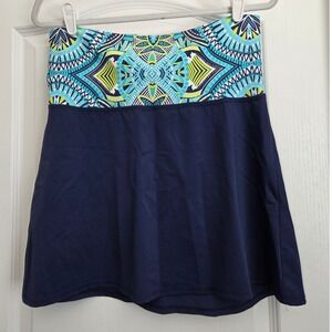 Title Nine Swim‎ Skirt Floral Print Fold Over Waistband Solid Blue Sz S Beach
